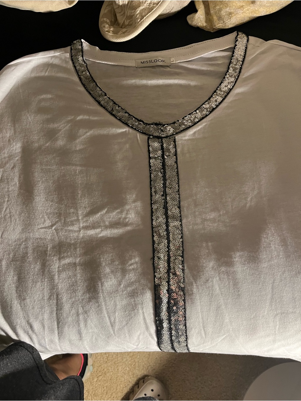 MISSLOOK White Top with Silver Sequin Trim